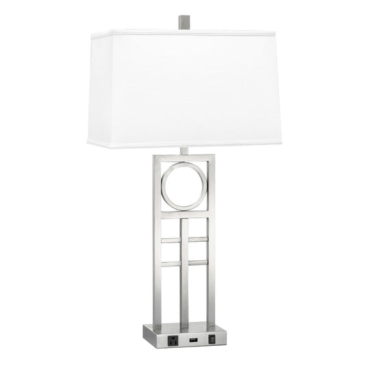 Medallion Lighting Diretto 29" Brushed Steel Single Nightstand Table Lamp With USB Port, 3-prong Outlet and White Fabric Rectangular Shade
