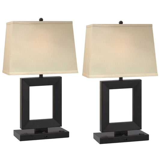 Medallion Lighting Downtown Collection 27" Black Steel/Resin Desk Lamp With USB Port, 3-prong Outlet and Light Beige Fabric Rectangular Shade - Set of 2