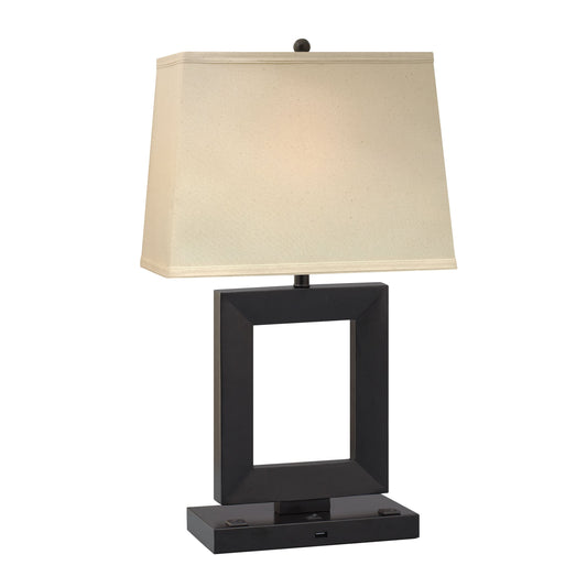 Medallion Lighting Downtown Collection 27" Black Steel/Resin Desk Lamp With USB Port, 3-prong Outlet and Light Beige Fabric Rectangular Shade