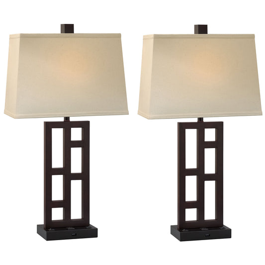 Medallion Lighting Downtown Collection 31" Black/Expresso Twin-light Double Nightstand Table Lamp With USB Port, 3-prong Outlet and Light Beige Fabric Rectangular Shade - Set of 2