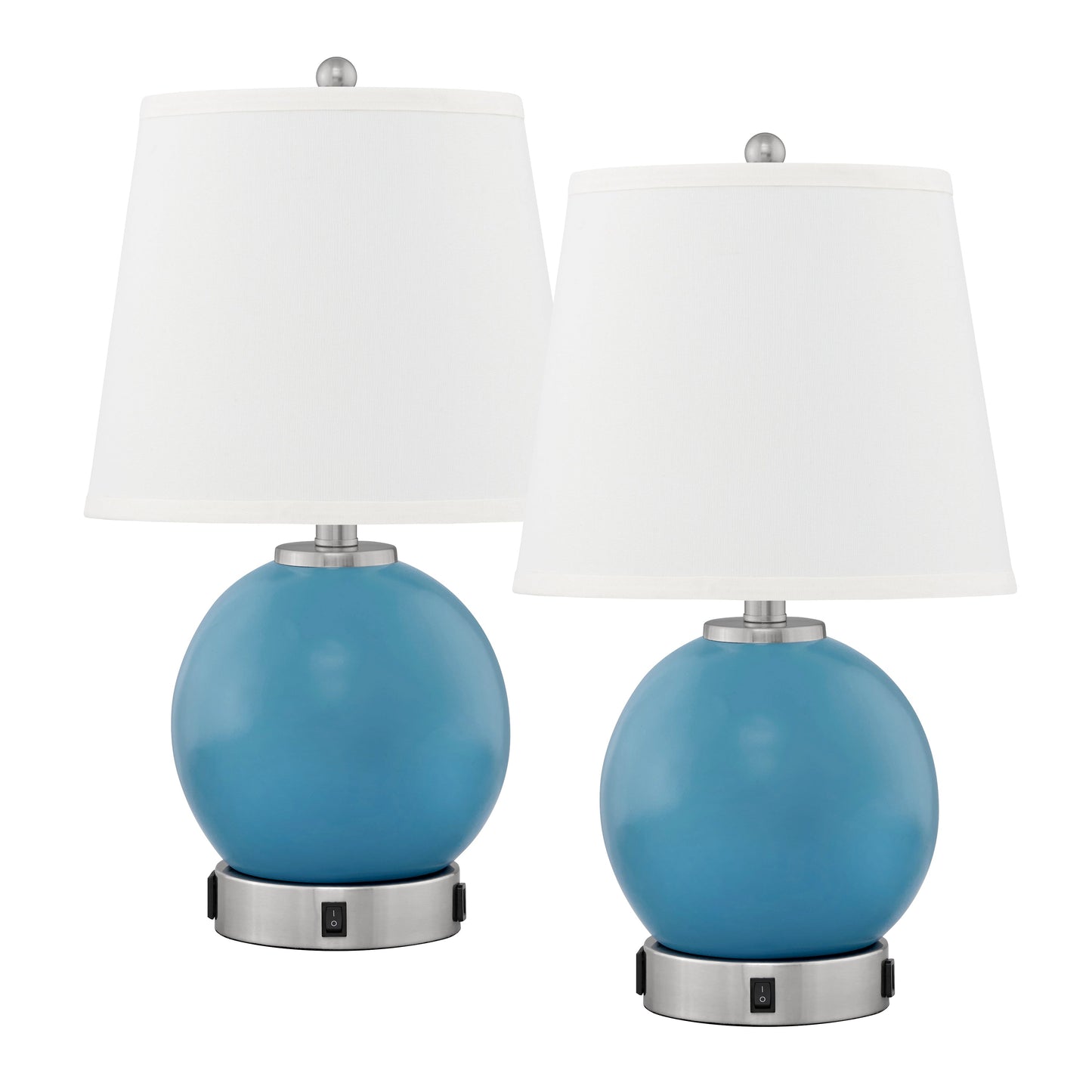 Medallion Lighting Dream Collection 21" Blue and Brushed Steel Resin Table Lamp With USB Port, 3-Prong Outlet and White Fabric Drum Shade - Set of 2