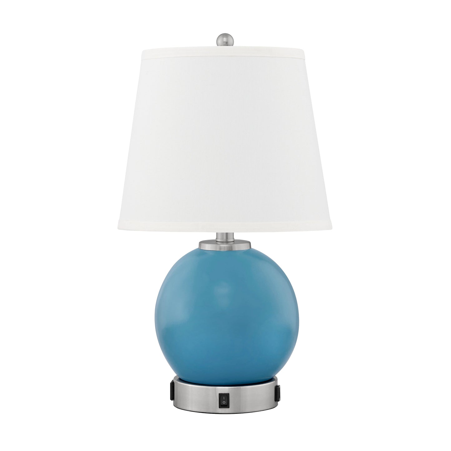 Medallion Lighting Dream Collection 21" Blue and Brushed Steel Resin Table Lamp With USB Port, 3-Prong Outlet and White Fabric Drum Shade