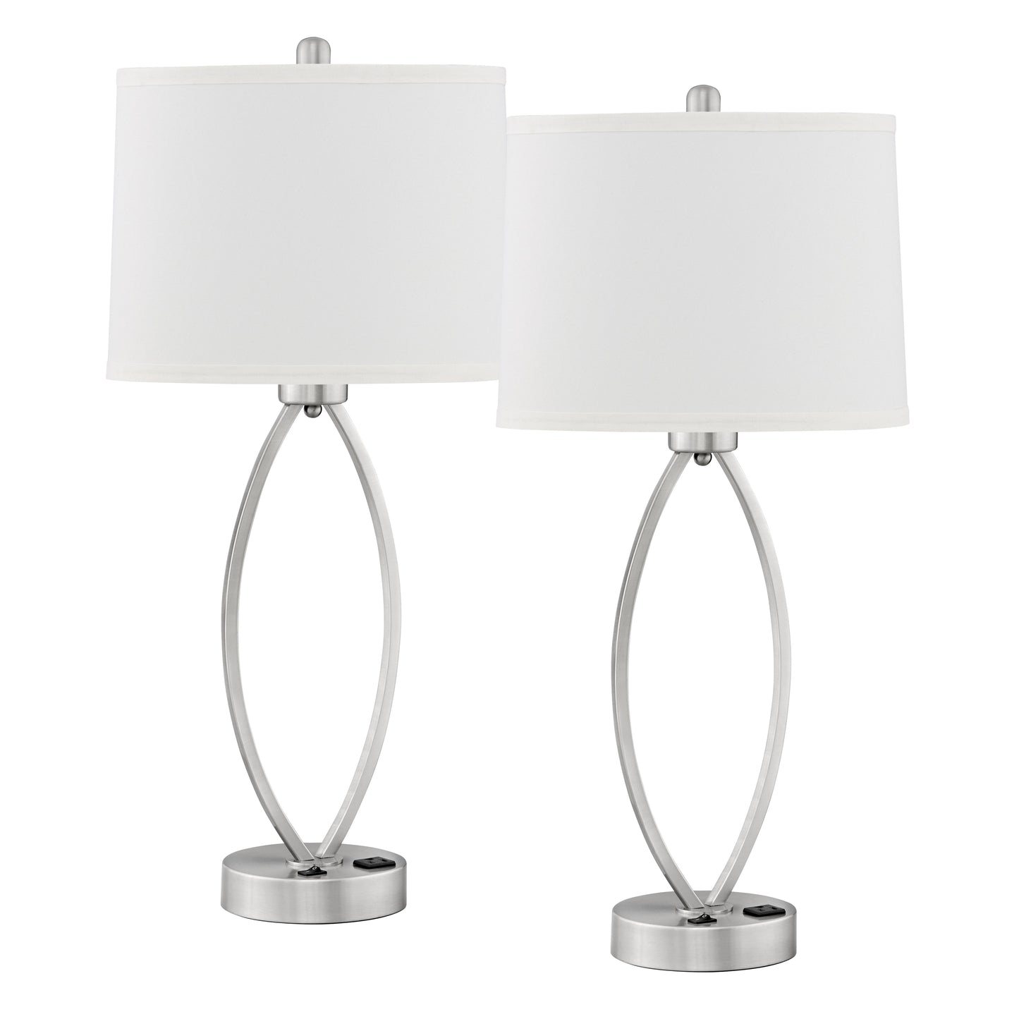 Medallion Lighting Dream Collection 26" Brushed Steel Single Nightstand Table Lamp With 3-Prong Outlet and White Fabric Drum Shade - Set of 2