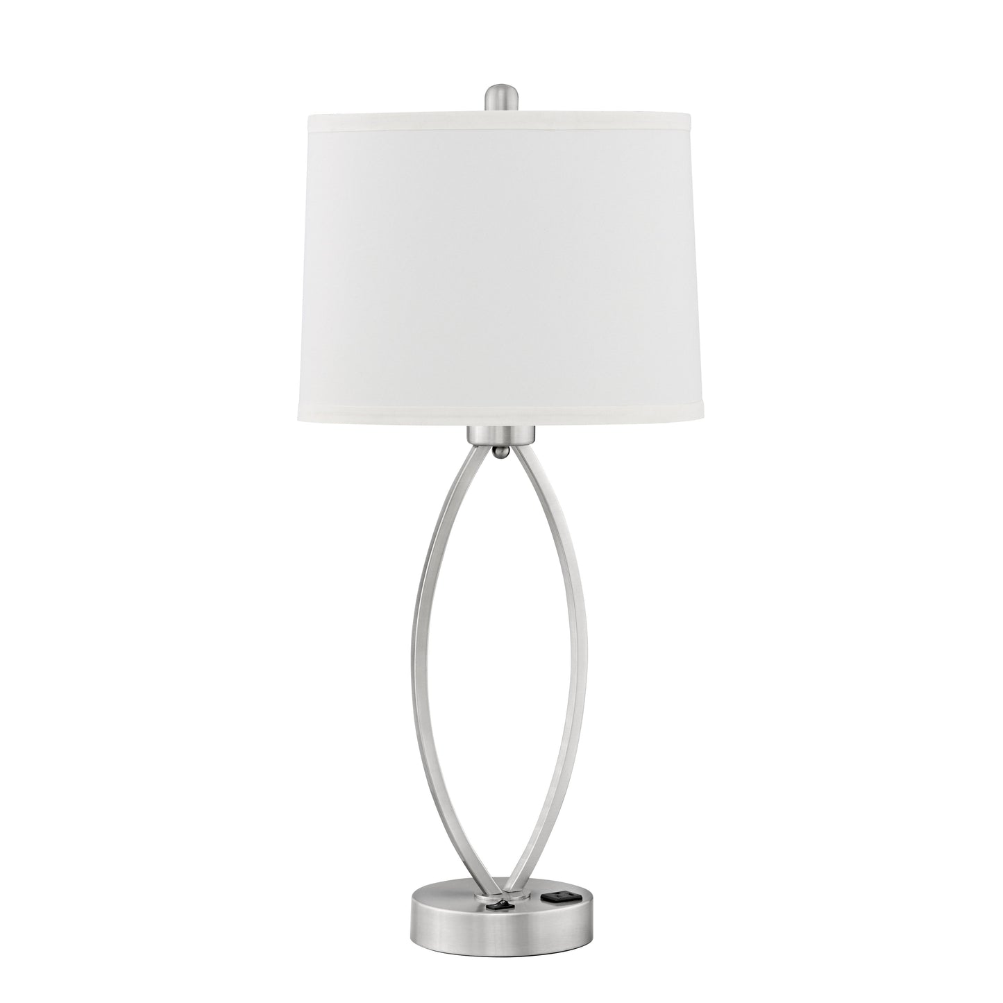 Medallion Lighting Dream Collection 26" Brushed Steel Single Nightstand Table Lamp With 3-Prong Outlet and White Fabric Drum Shade