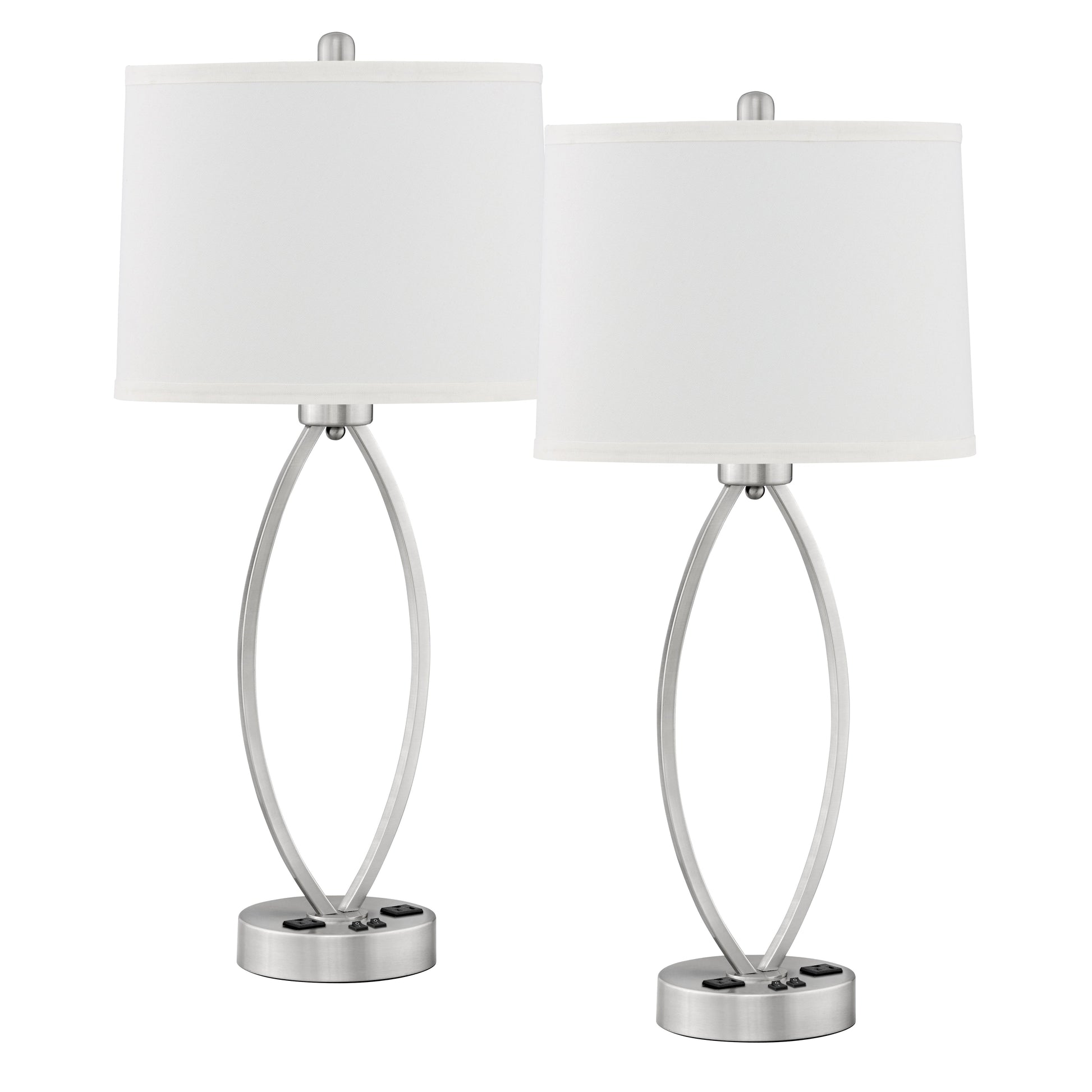 Medallion Lighting Dream Collection 26" Silver Double Nightstand Steel Table Lamp With 3-prong Outlets and White Oval Shade - Set of 2