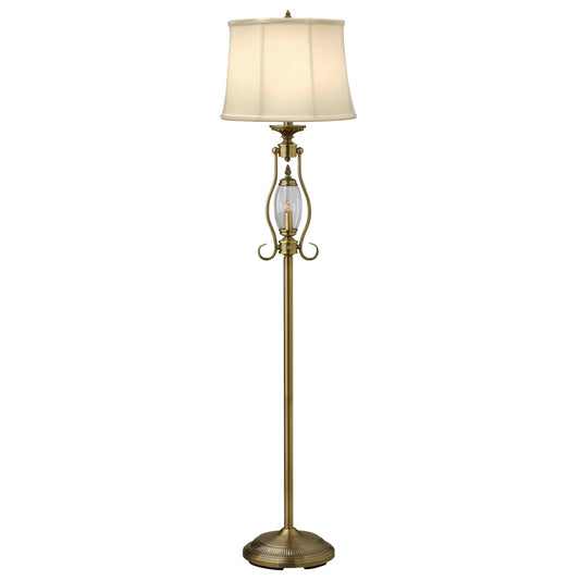 Medallion Lighting Ebony 59" Satin Antique Brass and Clear Glass Steel Floor Lamp With Nightlight and Eggshell Stretched Silk Drum Shade