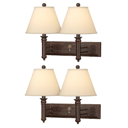 Medallion Lighting English Trunk 19" Old English Leather Resin/Steel Double Wall Lamp With Light Beige Fabric Bell Shade - Set of 2