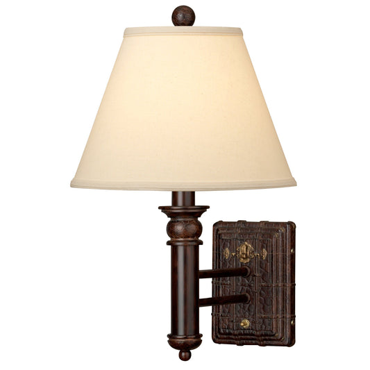 Medallion Lighting English Trunk 19" Old English Leather Resin/Steel Single Wall Lamp With Light Beige Fabric Bell Shade