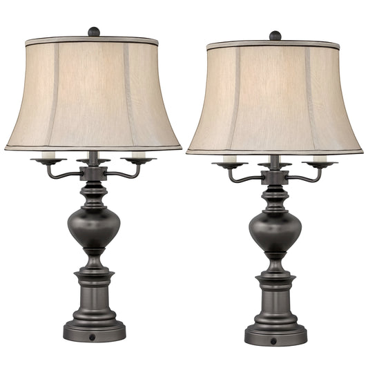 Medallion Lighting Fanale 31" Gunmetal Steel Dimmable 4-Bulb Table Lamp With Nightlight and Gray Silk Bell Shade - Set of 2