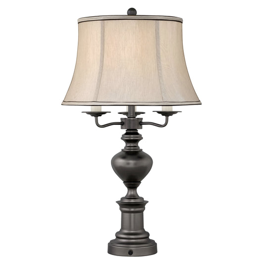 Medallion Lighting Fanale 31" Gunmetal Steel Dimmable 4-Bulb Table Lamp With Nightlight and Gray Silk Bell Shade