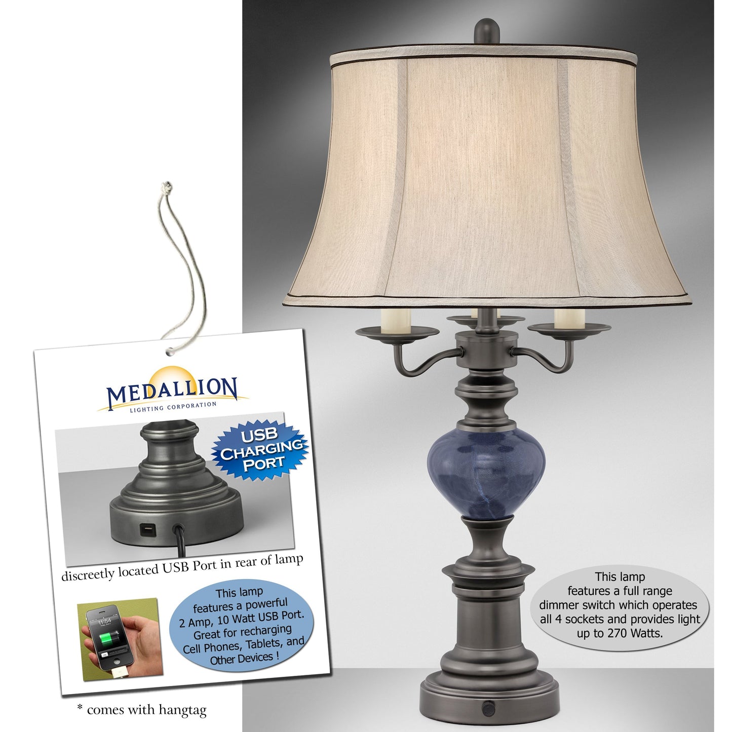 Medallion Lighting Fanale 31" Gunmetal and Dark Blue Marble Steel 4-Bulb Table Lamp With USB Port and Grey Silk Bell Shade - Set of 2