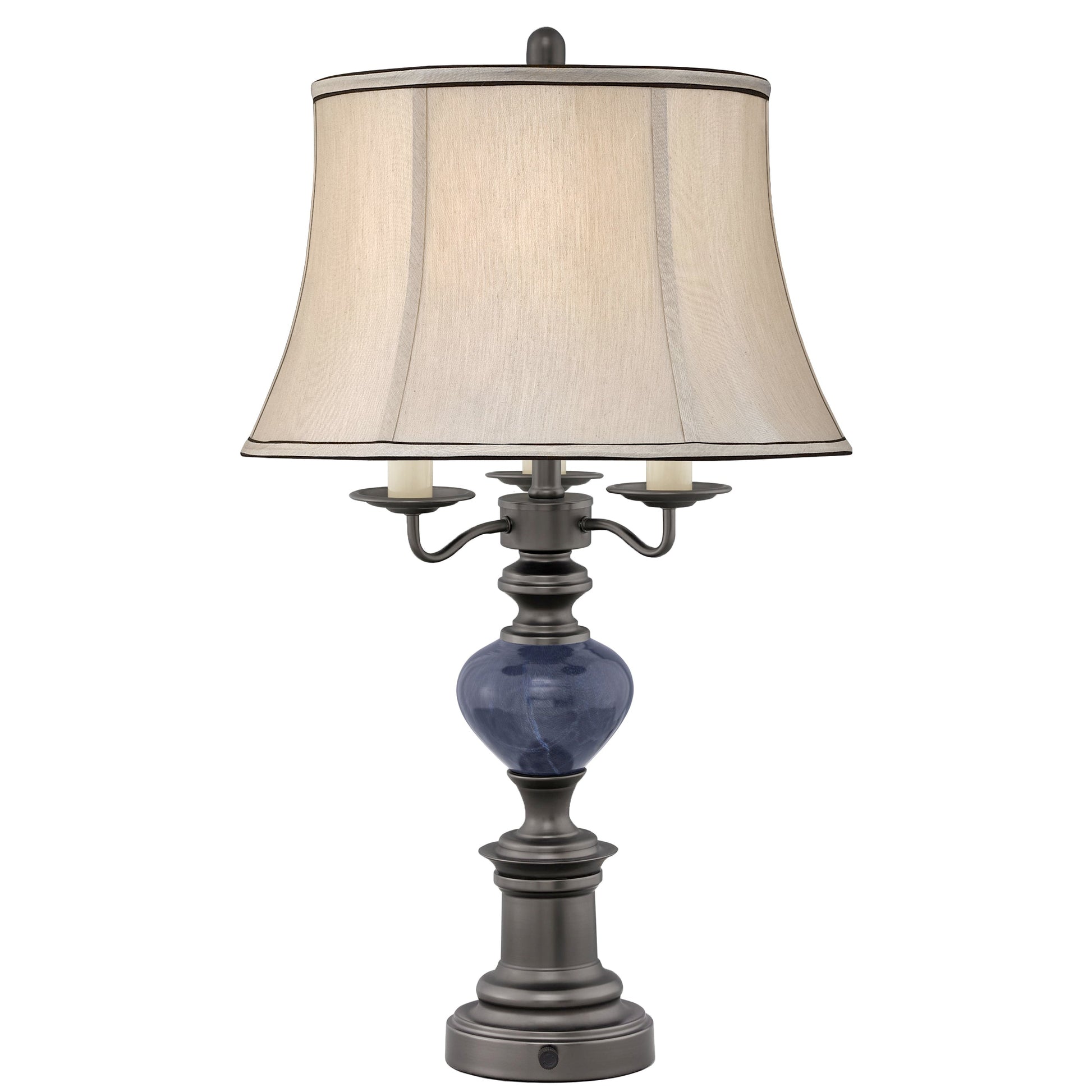 Medallion Lighting Fanale 31" Gunmetal and Dark Blue Marble Steel 4-Bulb Table Lamp With USB Port and Grey Silk Bell Shade