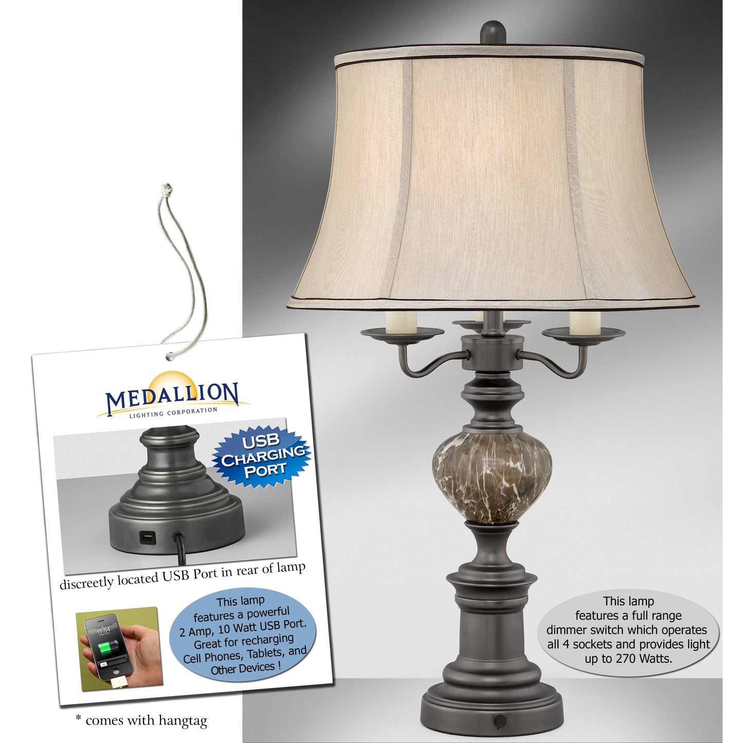 Medallion Lighting Fanale 31" Gunmetal and Greige Marble Steel Glass 4-Bulb Dimmable Table Lamp With Nightlight, USB Port and Grey Silk Bell Shade