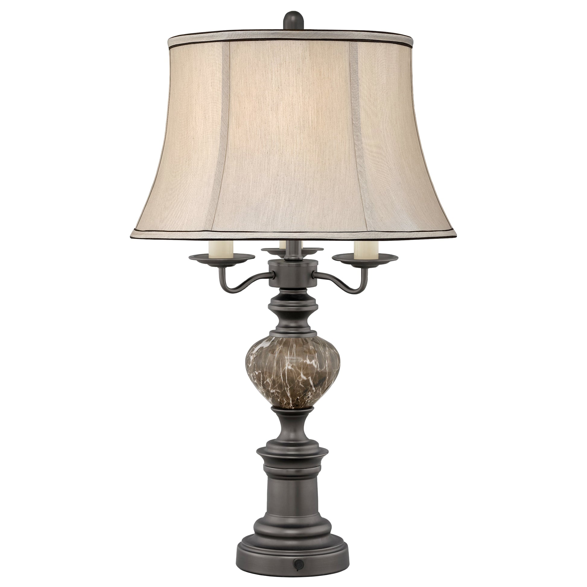 Medallion Lighting Fanale 31" Gunmetal and Greige Marble Steel Glass 4-Bulb Dimmable Table Lamp With Nightlight, USB Port and Grey Silk Bell Shade