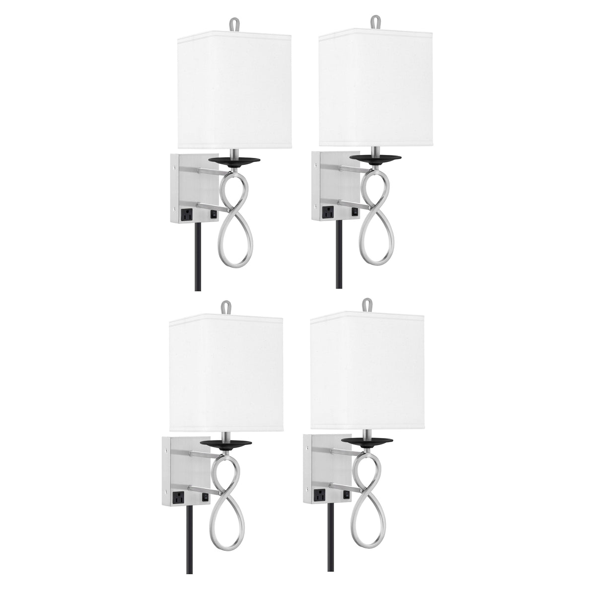 Medallion Lighting Figure 8 21" Brushed Steel/Black Single Wall Lamp With 3-Prong Outlet and White Fabric Square Shade - Set of 4