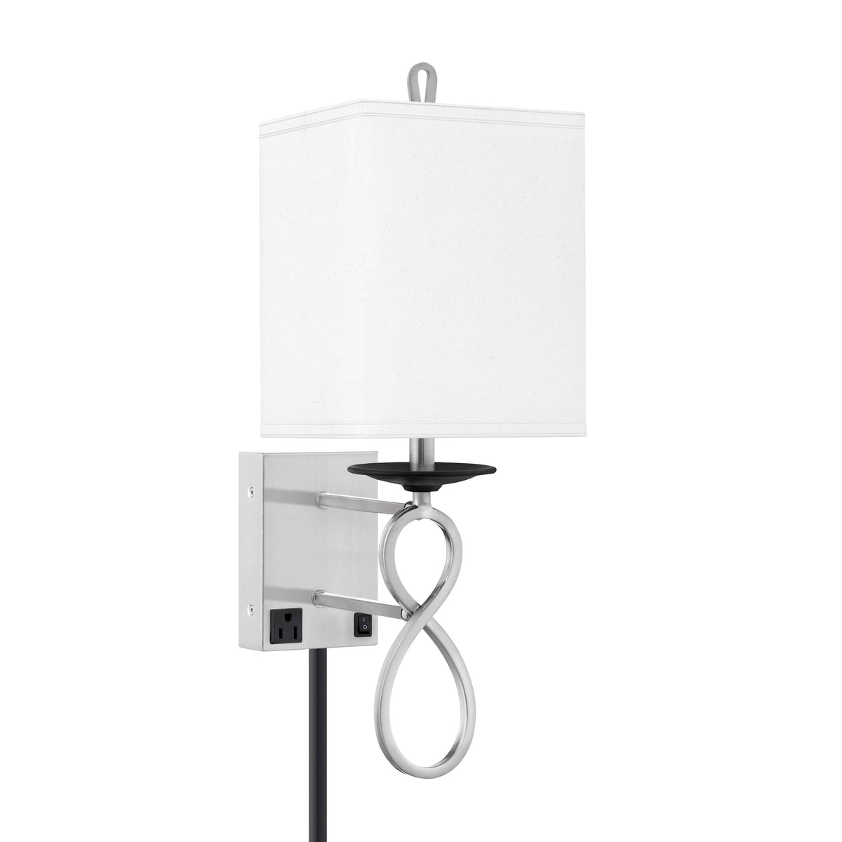 Medallion Lighting Figure 8 21" Brushed Steel/Black Single Wall Lamp With 3-Prong Outlet and White Fabric Square Shade