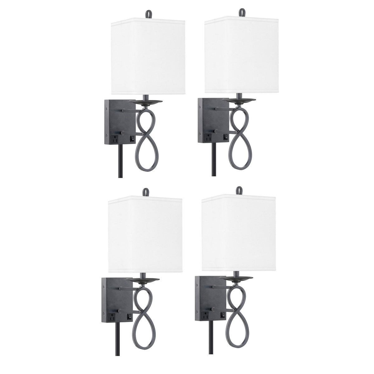 Medallion Lighting Figure 8 21" Gunmetal Single Wall Lamp With 3-Prong Outlet and White Fabric Square Shade - Set of 4