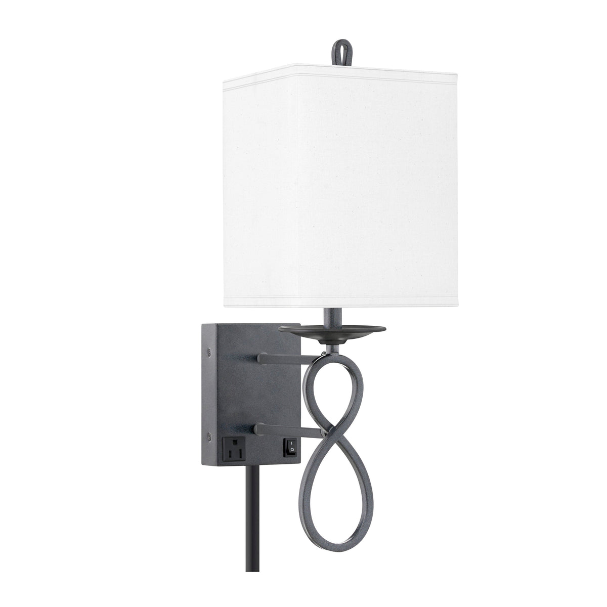 Medallion Lighting Figure 8 21" Gunmetal Single Wall Lamp With 3-Prong Outlet and White Fabric Square Shade