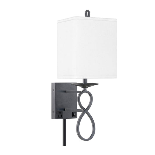 Medallion Lighting Figure 8 21" Gunmetal Single Wall Lamp With 3-Prong Outlet and White Fabric Square Shade