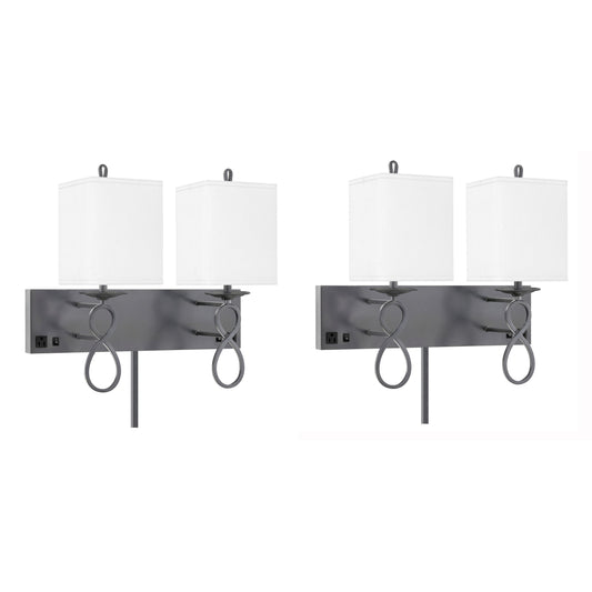 Medallion Lighting Figure 8 21" Gunmetal/Black Double Wall Lamp With 3-Prong Outlets and White Fabric Square Shade - Set of 2