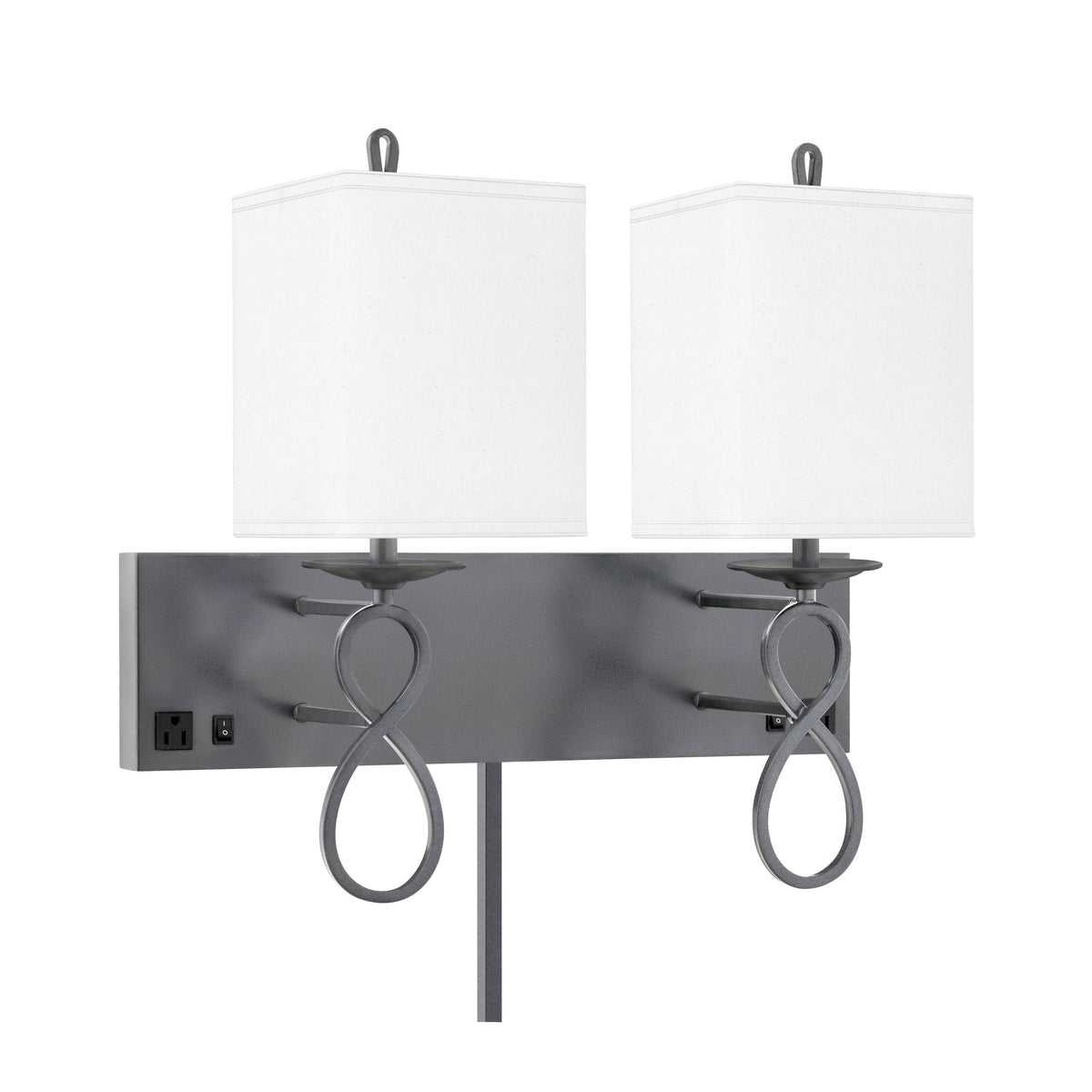 Medallion Lighting Figure 8 21" Gunmetal/Black Double Wall Lamp With 3-Prong Outlets and White Fabric Square Shade