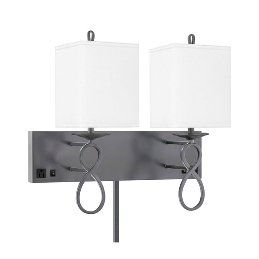 Medallion Lighting Figure 8 21" Gunmetal/Black Double Wall Lamp With 3-Prong Outlets and White Fabric Square Shade