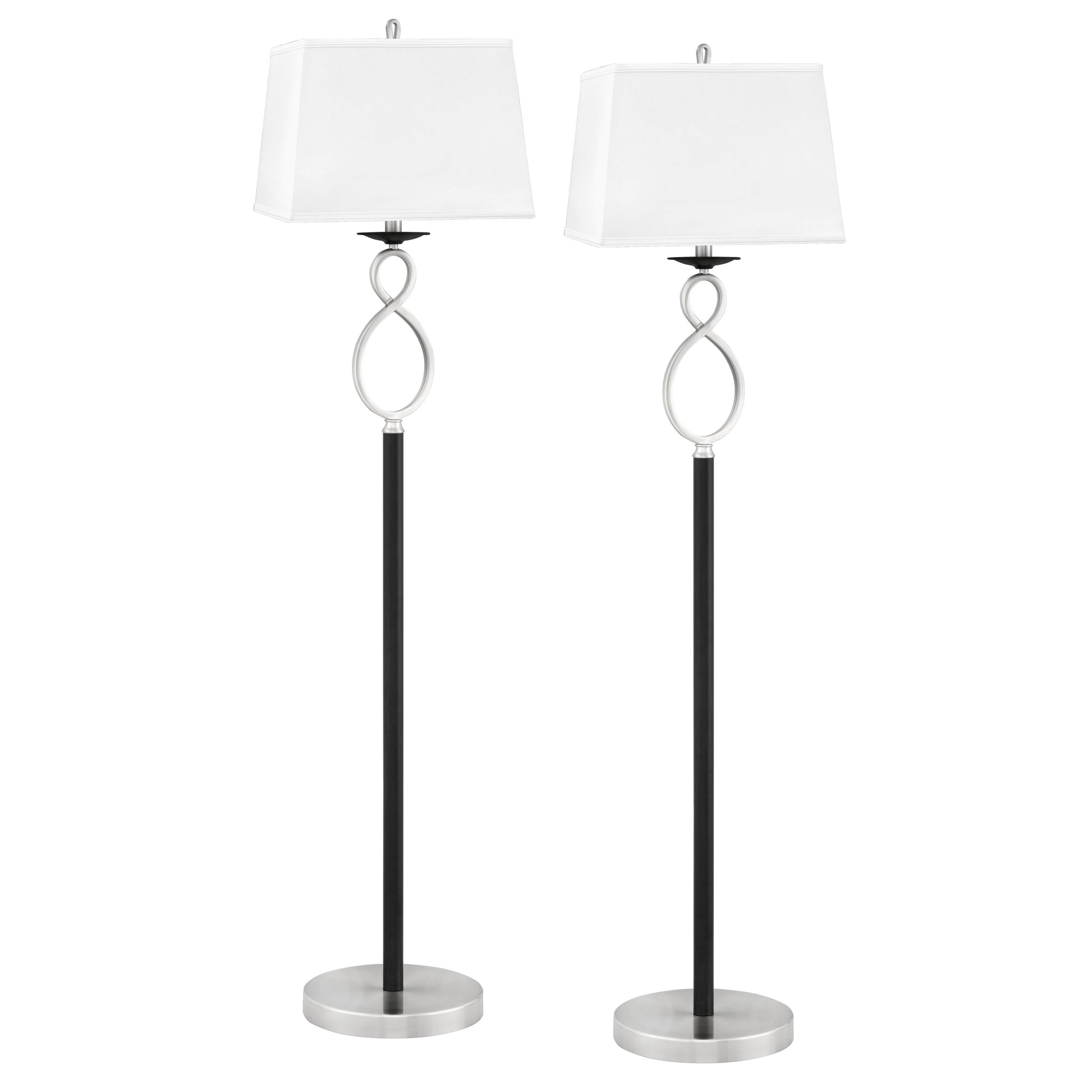 Medallion Lighting Figure 8 60" Brushed Steel/Black Floor Lamp With White Fabric Drum Shade - Set of 2