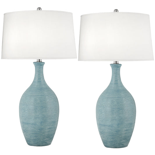 Medallion Lighting Filare 31" Spun Sky Blue Ceramic Table Lamp With White Fabric Drum Shade - Set of 2