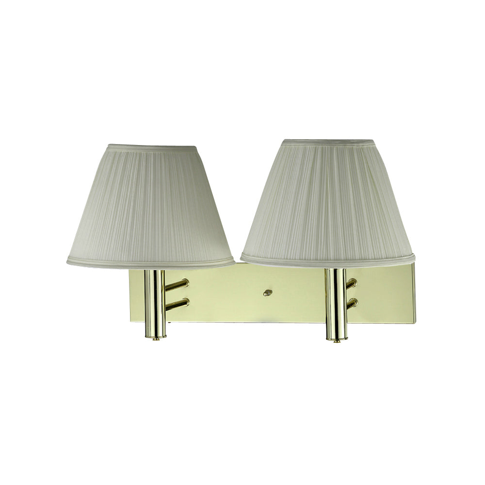 Medallion Lighting Fixed Arm 15" Polished Brass Steel 2-Light Double Wall Lamp With Off-White Fabric Drum Shade