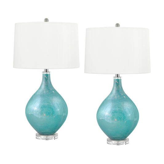 Medallion Lighting Foligno 27" Aqua Blue and Silver Flecks Glass Acrylic Table Lamp With White Fabric Drum Shade - Set of 2