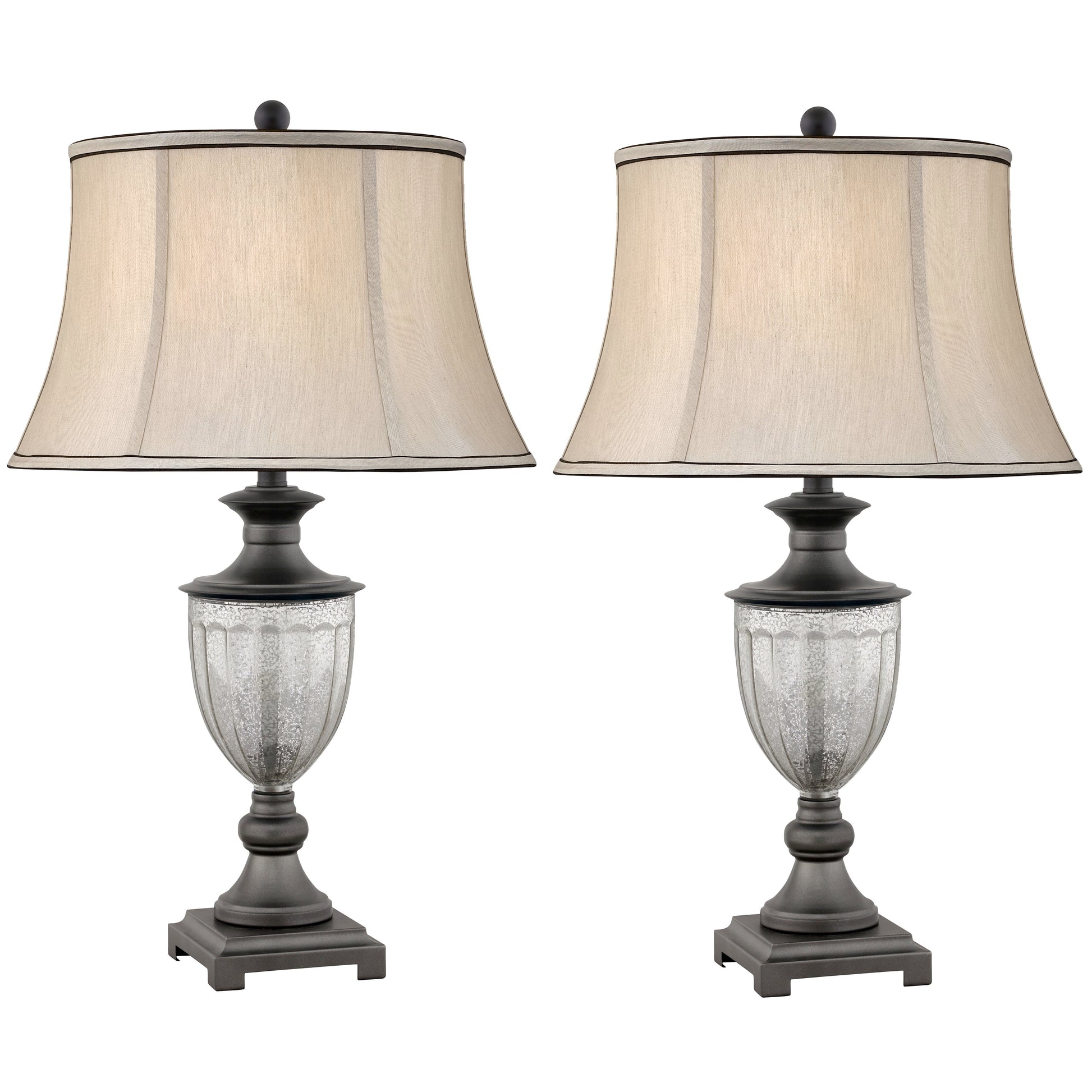 Medallion Lighting Fucile 30" Gunmetal and Mercury Glass Steel Table Lamp With Grey Silk Bell Shade - Set of 2