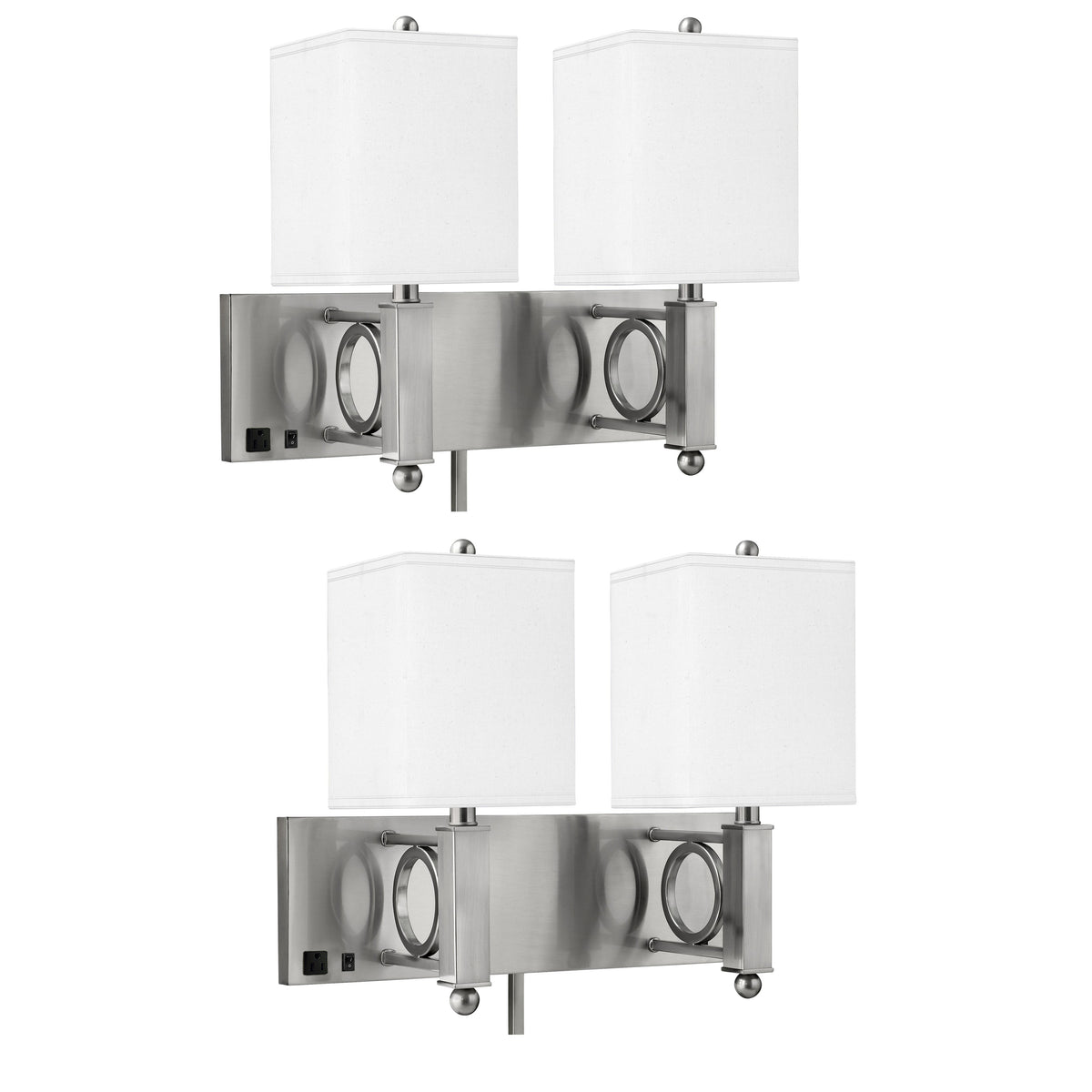 Medallion Lighting Geometrics 18" Brushed Steel Double Wall Lamp With 3-Prong Outlets and White Fabric Square Shade - Set of 2