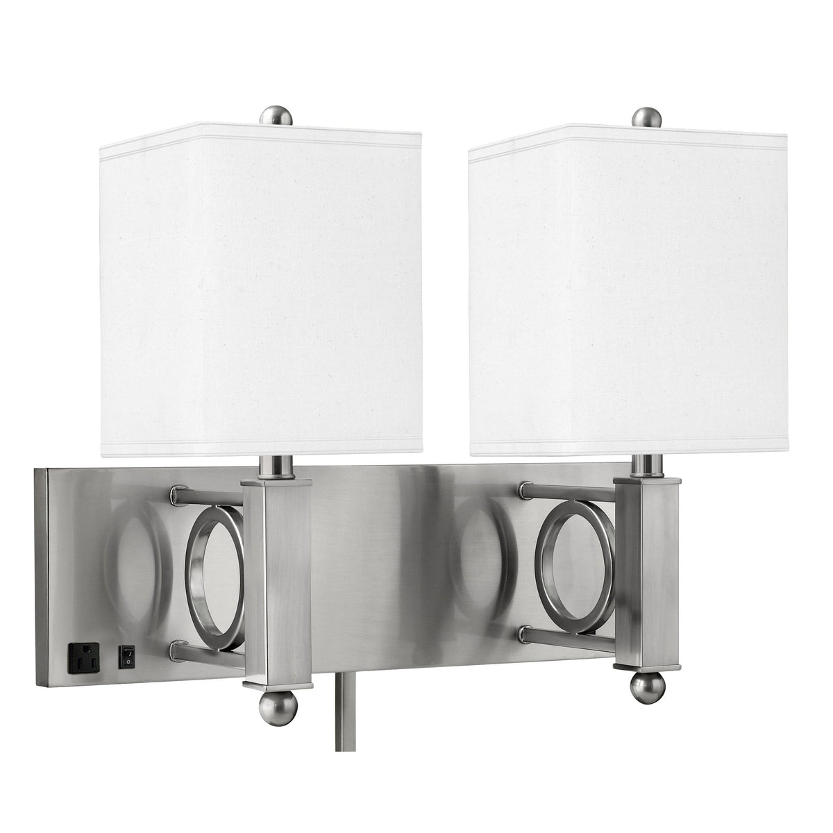 Medallion Lighting Geometrics 18" Brushed Steel Double Wall Lamp With 3-Prong Outlets and White Fabric Square Shade