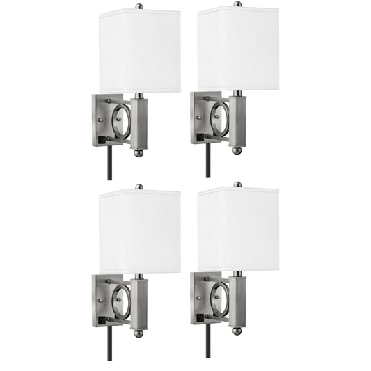 Medallion Lighting Geometrics 18" Brushed Steel Single Wall Lamp With 3-Prong Outlets and White Fabric Square Shade - Set of 4