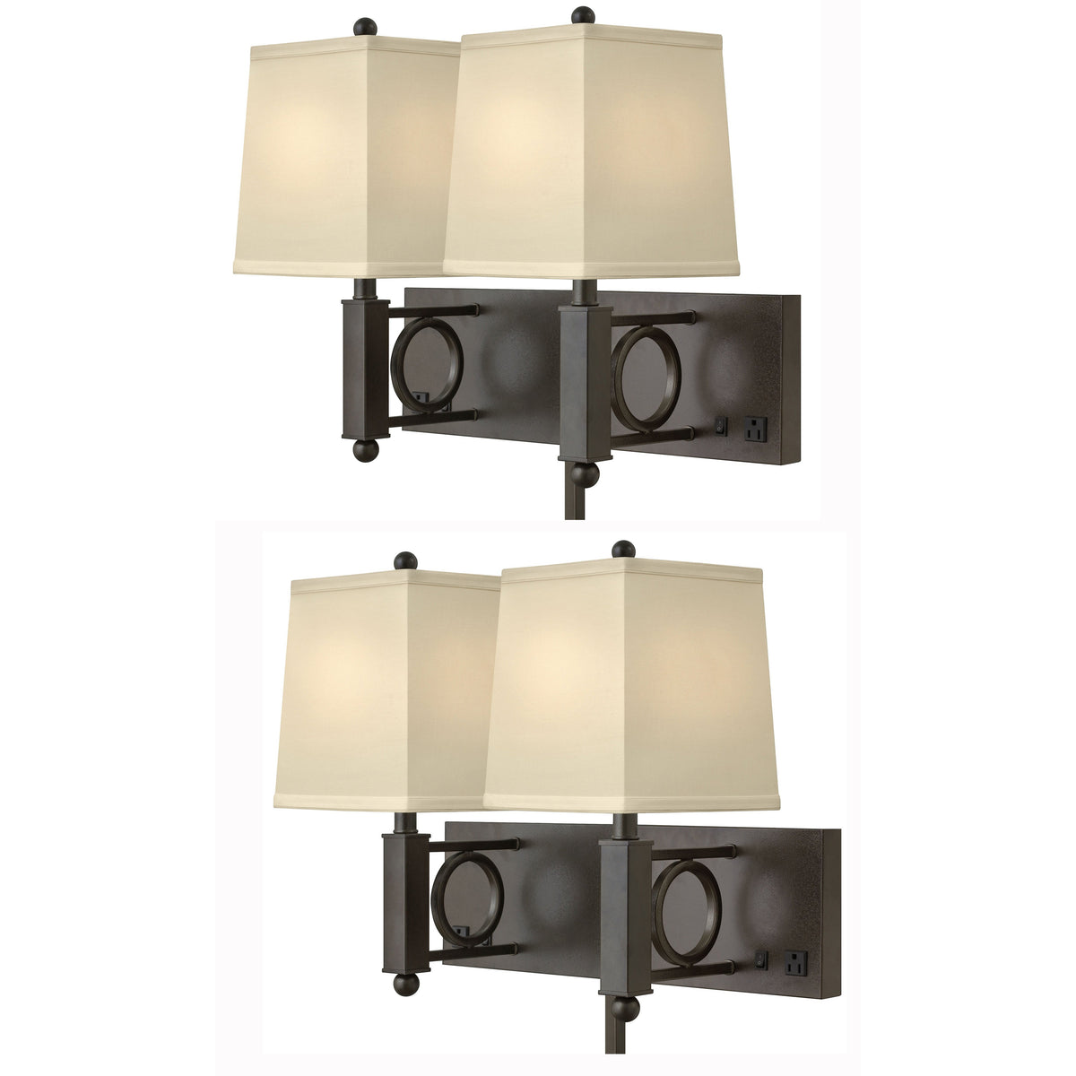 Medallion Lighting Geometrics 18" Hammertone Bronze Steel Double Wall Lamp With 3-Prong Outlets and Light Beige Fabric Square Shade - Set of 2