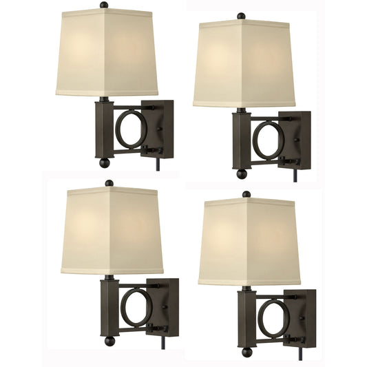 Medallion Lighting Geometrics 18" Hammertone Bronze Steel Single Wall Lamp With 3-Prong Outlets and Light Beige Fabric Square Shade - Set of 4