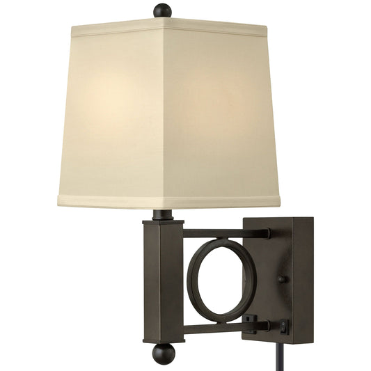 Medallion Lighting Geometrics 18" Hammertone Bronze Steel Single Wall Lamp With 3-Prong Outlets and Light Beige Fabric Square Shade