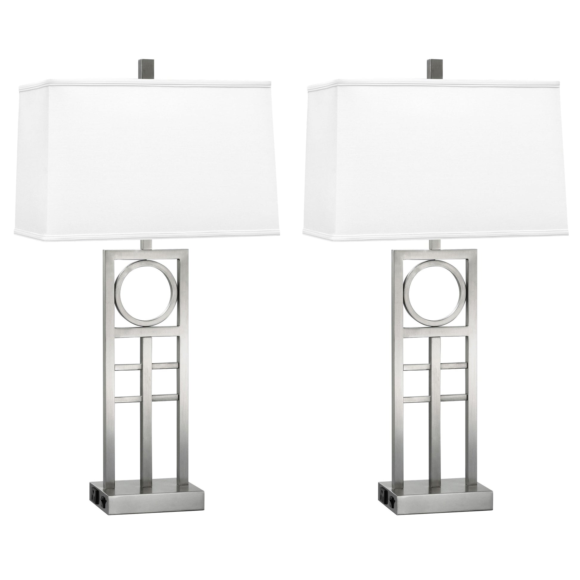 Medallion Lighting Geometrics Group 26" Brushed Steel Desk Lamp With 3-prong Outlets and White Fabric Rectangular Shade - Set of 2