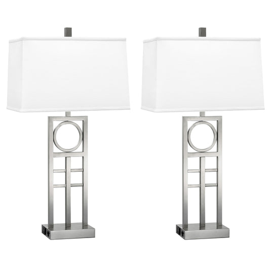 Medallion Lighting Geometrics Group 26" Brushed Steel Desk Lamp With 3-prong Outlets and White Fabric Rectangular Shade - Set of 2