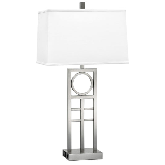 Medallion Lighting Geometrics Group 26" Brushed Steel Desk Lamp With 3-prong Outlets and White Fabric Rectangular Shade