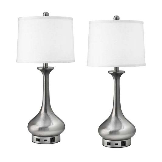 Medallion Lighting Goccia 29" Brushed Steel Table Lamp With USB Port, 3-prong Outlet and White Fabric Drum Shade - Set of 2