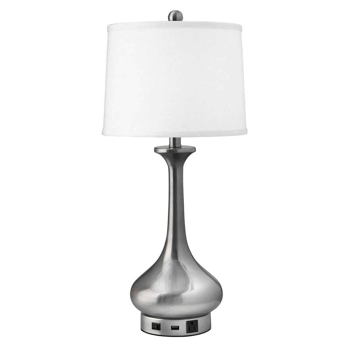 Medallion Lighting Goccia 29" Brushed Steel Table Lamp With USB Port, 3-prong Outlet and White Fabric Drum Shade