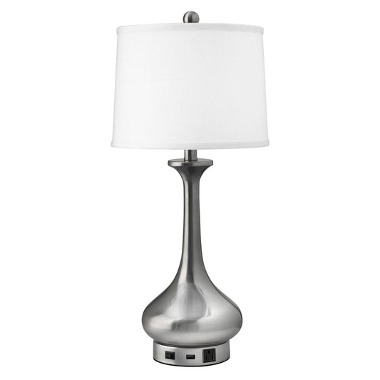 Medallion Lighting Goccia 29" Brushed Steel Table Lamp With USB Port, 3-prong Outlet and White Fabric Drum Shade