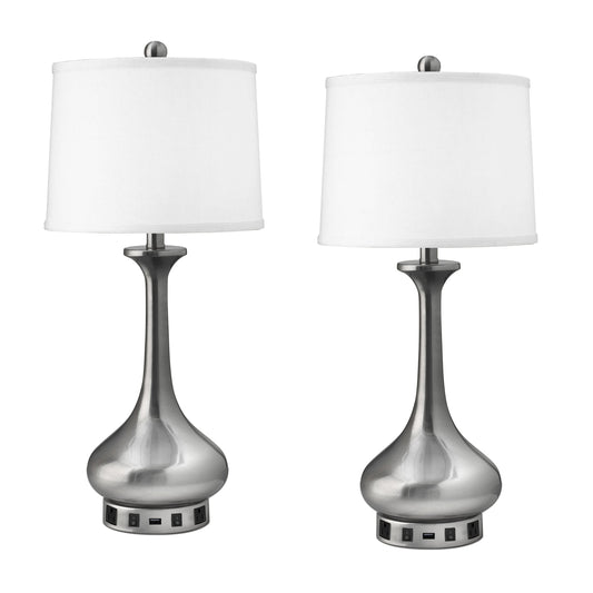 Medallion Lighting Goccia 29" Brushed Steel Twin-light Double Nightstand Table Lamp With USB Port, 3-prong Outlets and White Fabric Drum Shade - Set of 2