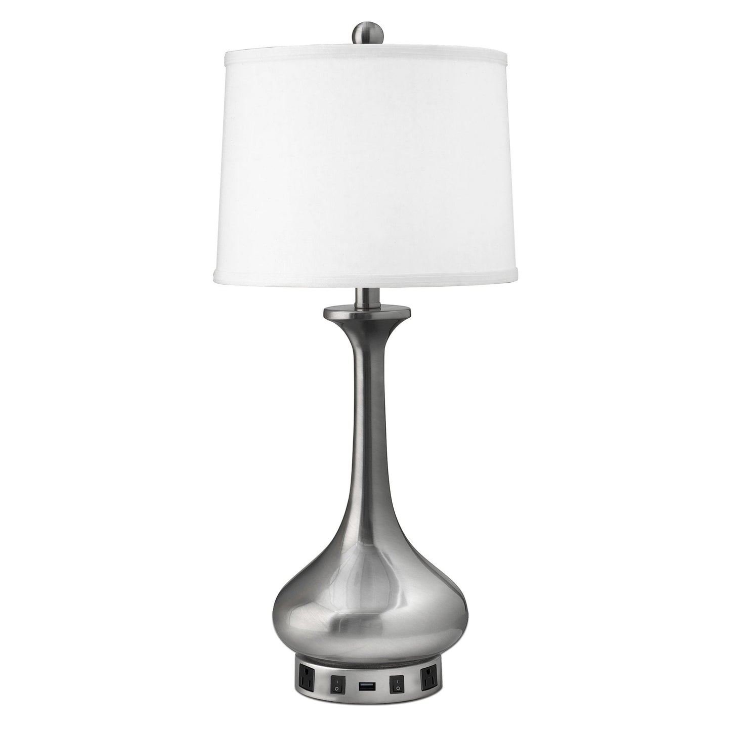 Medallion Lighting Goccia 29" Brushed Steel Twin-light Double Nightstand Table Lamp With USB Port, 3-prong Outlets and White Fabric Drum Shade