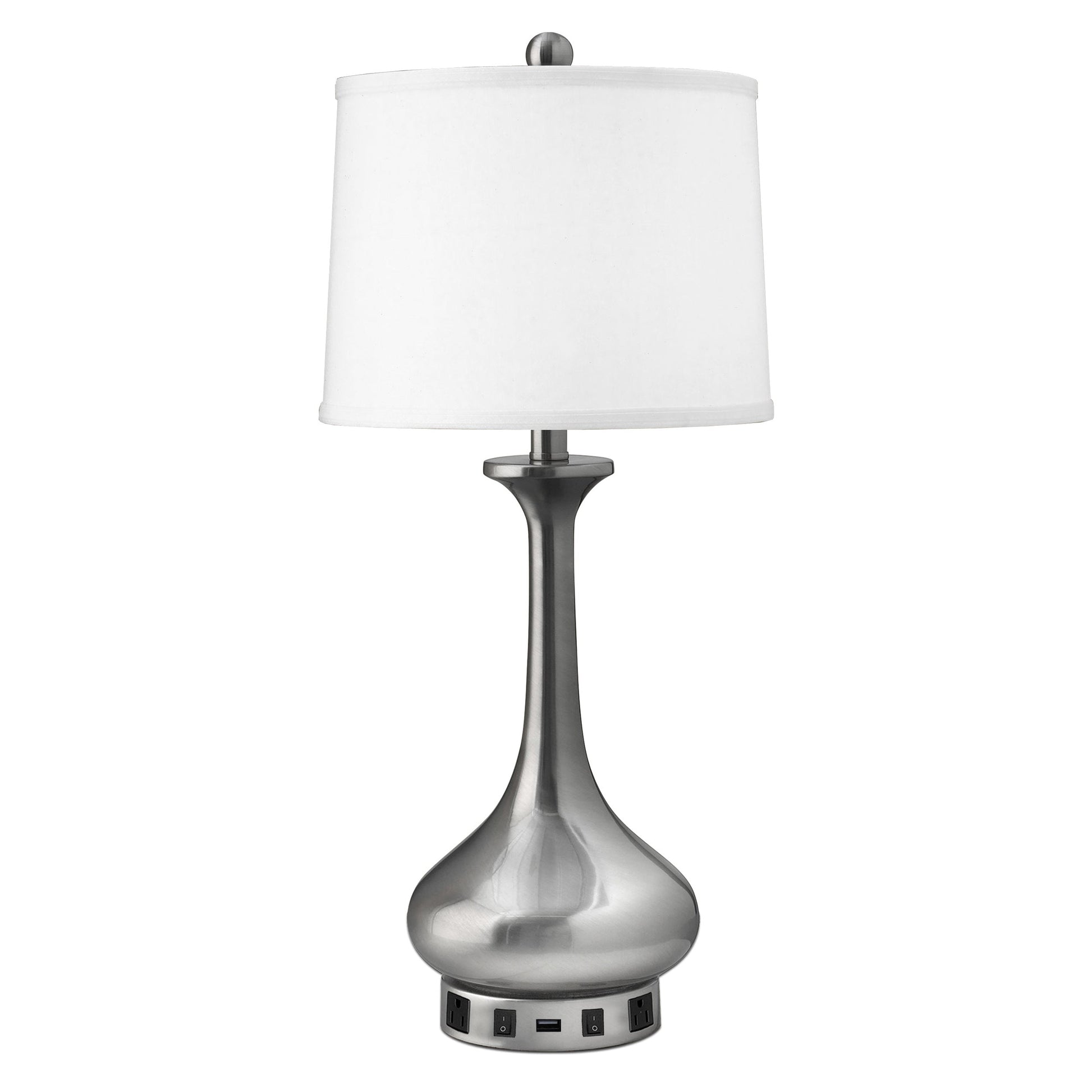 Medallion Lighting Goccia 29" Brushed Steel Twin-light Double Nightstand Table Lamp With USB Port, 3-prong Outlets and White Fabric Drum Shade
