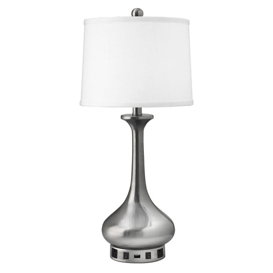 Medallion Lighting Goccia 29" Brushed Steel Twin-light Double Nightstand Table Lamp With USB Port, 3-prong Outlets and White Fabric Drum Shade