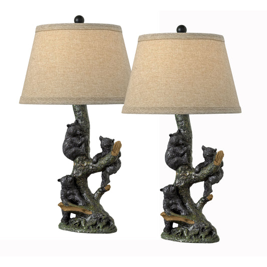 Medallion Lighting Grigio 31" Natural Tree and Black Bear Resin Table Lamp With Burlap Drum Shade - Set of 2