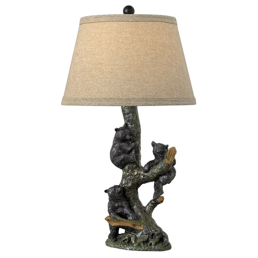 Medallion Lighting Grigio 31" Natural Tree and Black Bear Resin Table Lamp With Burlap Drum Shade