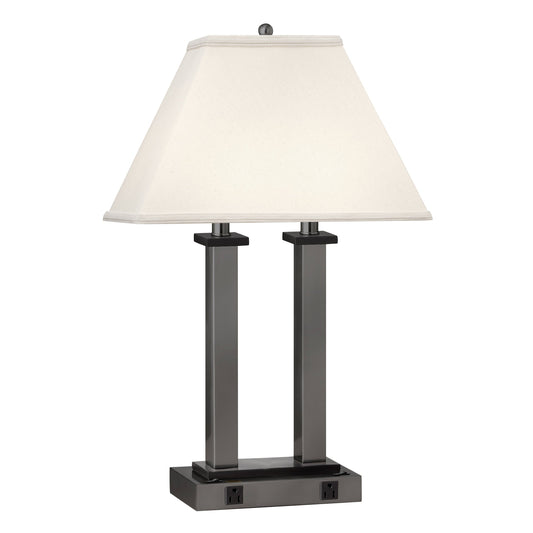 Medallion Lighting Gunmetal Square Post 27" Gunmetal/Black Accents Steel/Wood Desk Lamp With 3-Prong Outlets and White Fabric Rectangular Shade